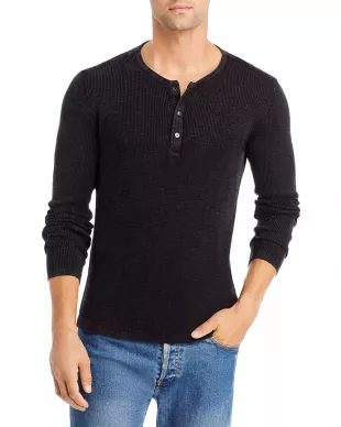 Memphis Waffle Long Sleeve Henley in Black