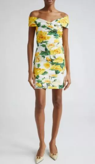 Rose Print Off the Shoulder Stretch Dress