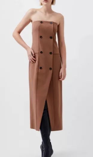 Azra Double Breasted Strapless Twill Midi Dress