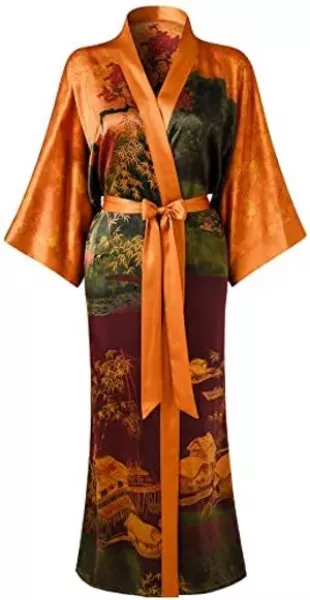 100% Silk Kimono Long Robe in Landscape Golden