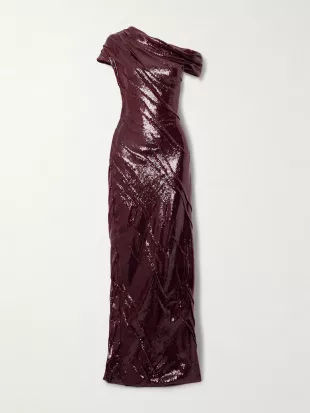 One Shoulder Ruched Sequined Crepe Gown