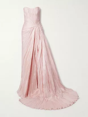 Strapless Gathered Plissé Taffeta Gown