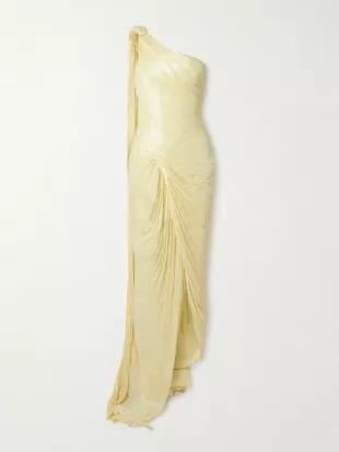 One Shoulder Draped Plissé Silk Gown