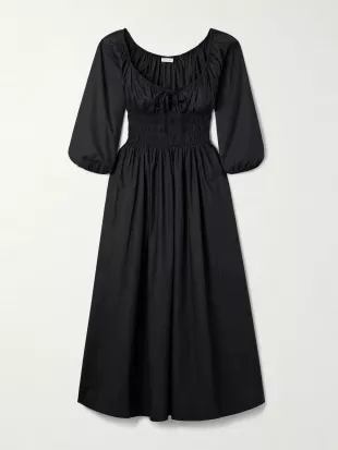Quintessa Tie-detailed Shirred Organic Cotton-poplin Midi Dress