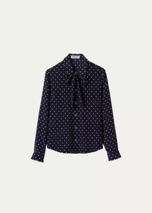 Polka-Dot Silk Scarf-Neck Shirt