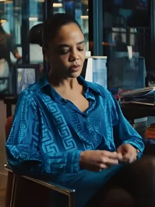 His and Hers 2026 Tessa Thompson Blue Silk Blouse