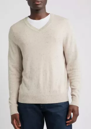 Cotton & Cashmere V-Neck Sweater in Oatmeal Donegal Heather