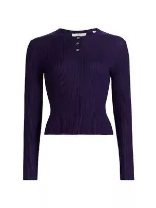 Women's Blue Ribbed Long Sleeve Top