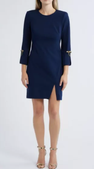 Brooch Detail Long Sleeve Crepe Shift Dress