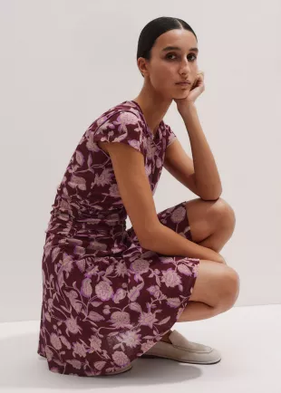 Midnight Hibiscus Print Ruched Mini Dress