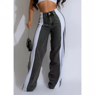 Two-Tone High-Waisted Wide-Leg Jeans with Striped Side Panels