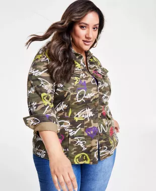 Trendy Plus Size Cotton Camouflage Affirmation Button-Front Jacket