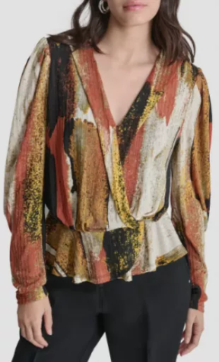 Print Faux Wrap Peplum Top