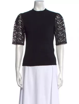 Top Black Lace & Embroidered Accents Short Sleeve