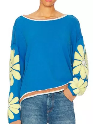 High Potential S02 Kaitlin Olson Floral Sleeves Blue Sweater
