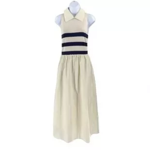 White Striped Collared Sleeveless Midi Dress