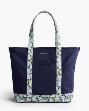 Navy Blue Floral Trim Canvas Tote Bag