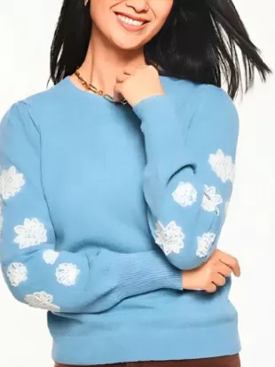 The Today Show Dylan Dreyer Floral Sleeve Blue Sweater