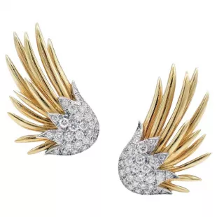 Schlumberger 18k Gold Platinum Diamond Flame Earrings