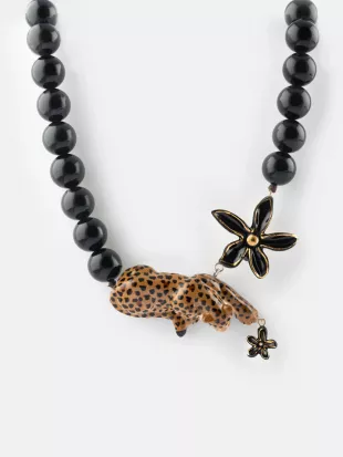 Leopard, Flower and Pearl Necklace