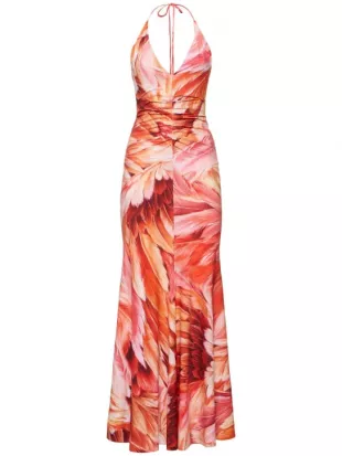 Printed Lycra V-neck Long Dress