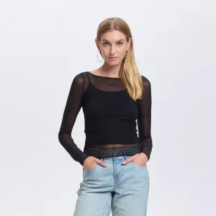 Long Sleeve Boat Neck Mesh Top