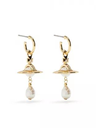 Gold Orb Pearl Drop Earrings.