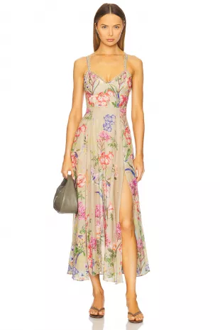 Beige Floral Midi Dress.