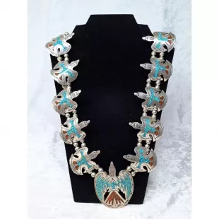 Slim Navajo Silver Squash Blossom Peyote Bird Turquoise Necklace.