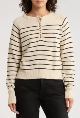 Stripe Cotton Blend Henley Sweater
