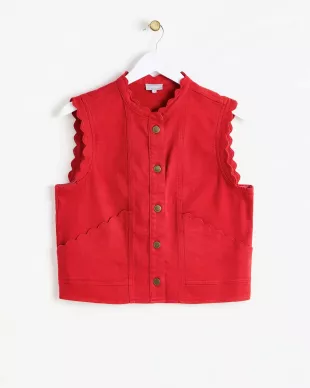 Washed Red Denim Scallop Detail Buttoned Waistcoat