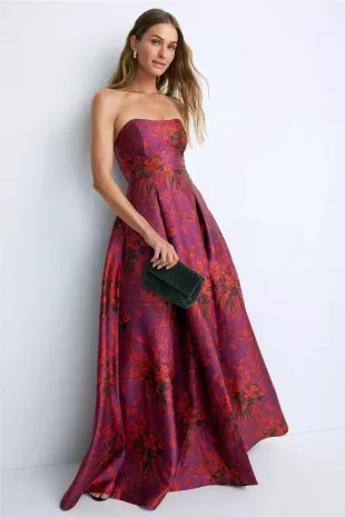 Giovanna Strapless Pleated Floral-Print Gown