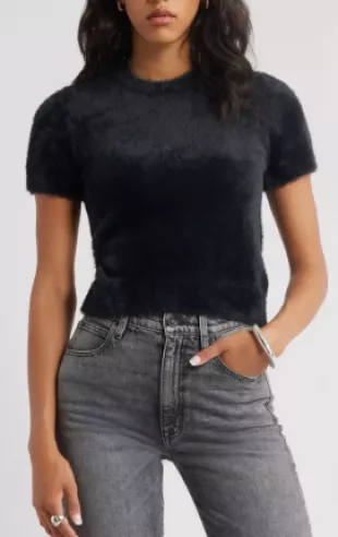 Fuzzy Short Sleeve Sweater in Blue Tempest