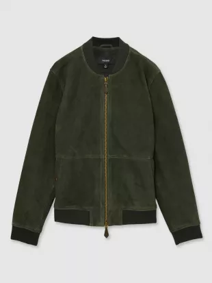 Brick Suede Zip-Through Bomber Jacket in Antique Dark Forest Green