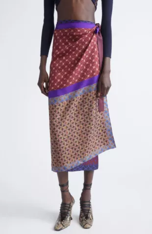 Scarfy Print Silk Satin Wrap Skirt