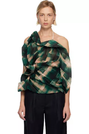 Green & Beige Draped Viscose Blouse