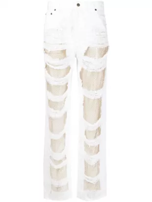 Karen Shredded Crystal Panel Straight Leg Jeans In White