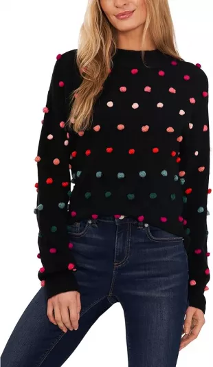 Rainbow Pompom Mock Neck Sweater