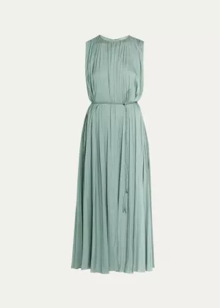 Fianna Belted Pleated Satin Midi Dress