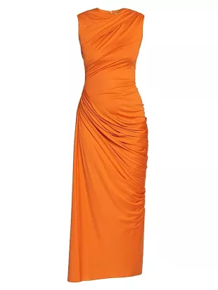 McQueen Sleeveless Draped Silk Jersey Midi Dress