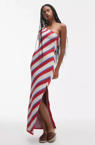 Stripe Knit One Shoulder Maxi Dress
