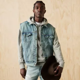 Men's Regular Fit Button Up Cut Off Denim Trucker Vest