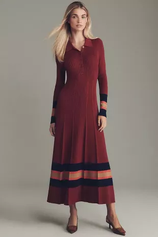 Pleated Long-Sleeve Midi Sweater Dress