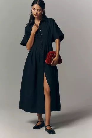 Exquise Tobie Button-Front Pleated Midi Shirt Dress