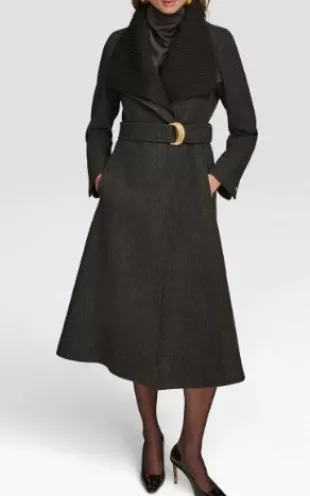 Rib Belted Wool Blend Wrap Coat with Bib