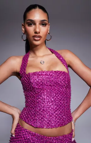 Caralie Embellished Halterneck Corset Top in Magenta