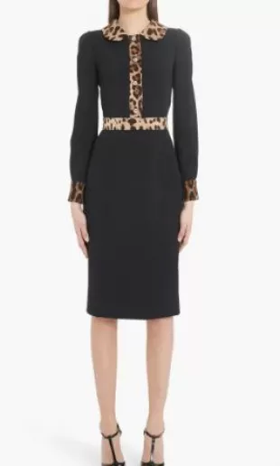 Leopard Trim Long Sleeve Sheath Dress