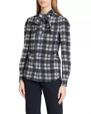 Plaid Neck-Tie Silk Blouse