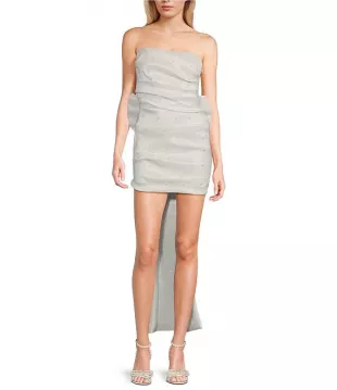 Strapless Pearl Taffeta Bow Back Mini Train Dress