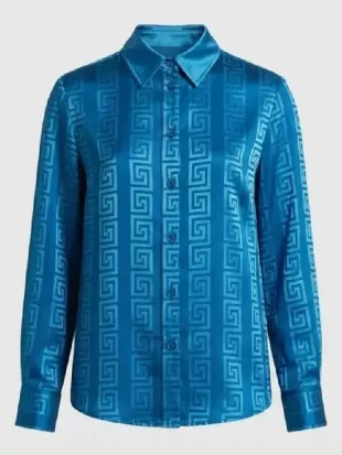 His and Hers 2026 Tessa Thompson Blue Silk Blouse